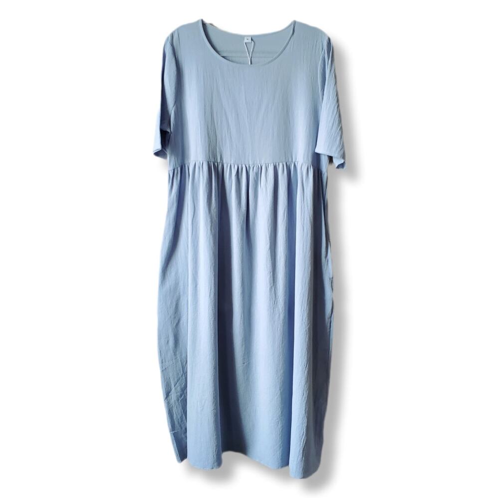 Light Blue Cottage Scandi Midi Dress XL Prairie Country Minimal Lagenlook NEW
